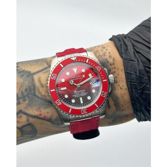 Custom Seiko Mod • Red Carbon Titanium Submariner on Velcro • 40mm